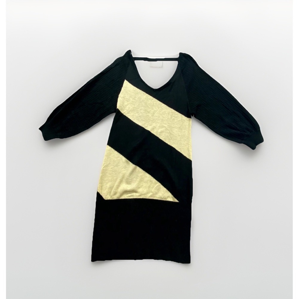 Arden B. Dress Womens XS Black Beige Colorblock Acrylic Knit 3/4 Sleeve V-Neck